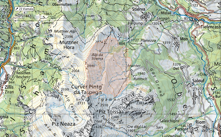 Landeskarte swisstopo mit dem Schutzperimeter von Alp da Stierva (Moorlandschaft)