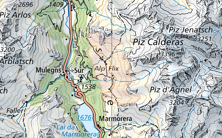 Carte nationale swisstopo avec le périmètre protégé de Alp Flix (Paysage marécageux)