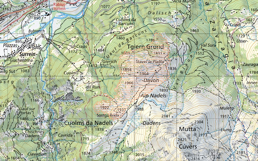 Landeskarte swisstopo mit dem Schutzperimeter von Alp Nadéls (Moorlandschaft)