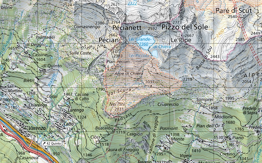 swisstopo national map showing the protected perimeter of Alpe di Chièra (Mire landscape)