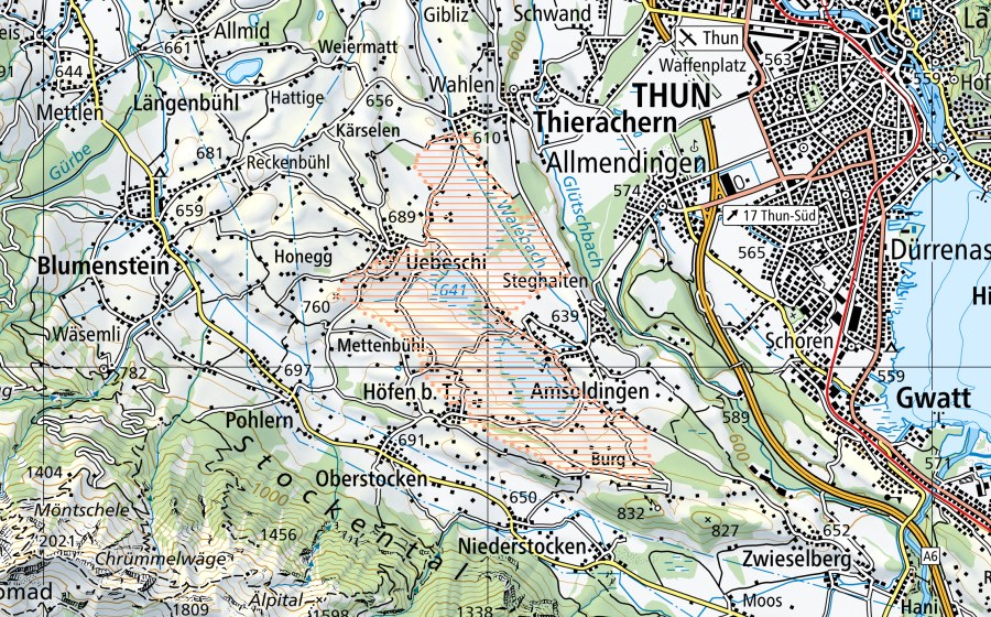 Carte nationale swisstopo avec le périmètre protégé de Amsoldingen (Paysage marécageux)
