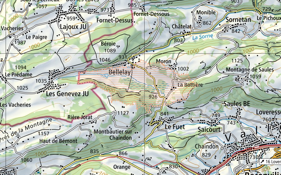 swisstopo national map showing the protected perimeter of Bellelay (Mire landscape)