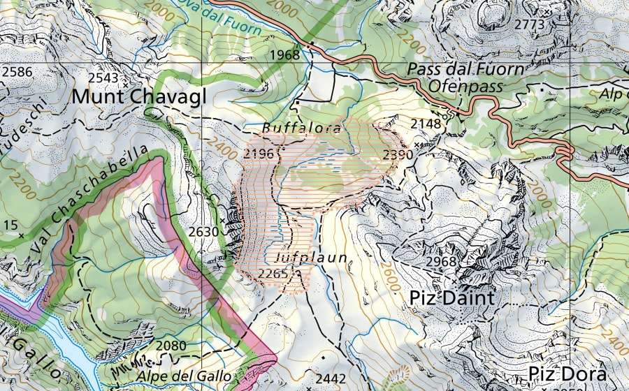 Landeskarte swisstopo mit dem Schutzperimeter von Buffalora (Moorlandschaft)