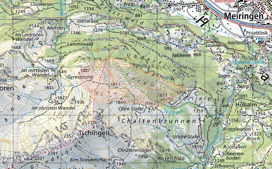 swisstopo national map showing the protected perimeter of Chaltenbrunnen (Mire landscape)
