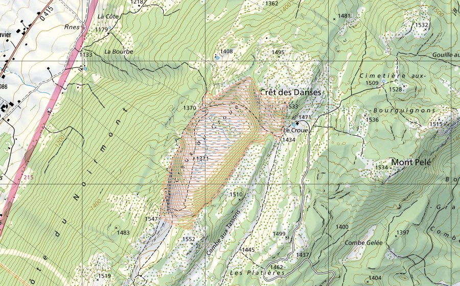 Landeskarte swisstopo mit dem Schutzperimeter von Creux du Croue (Moorlandschaft)