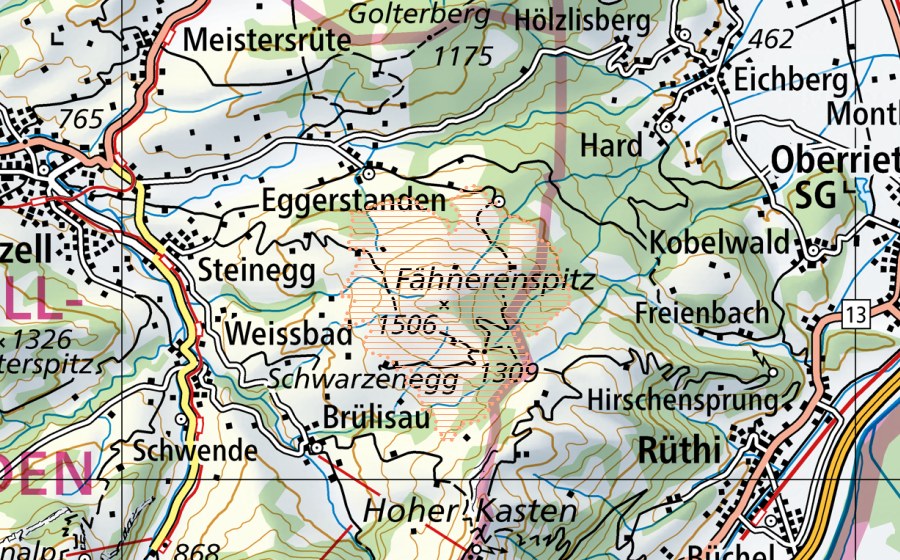 Carte nationale swisstopo avec le périmètre protégé de Fänerenspitz (Paysage marécageux)
