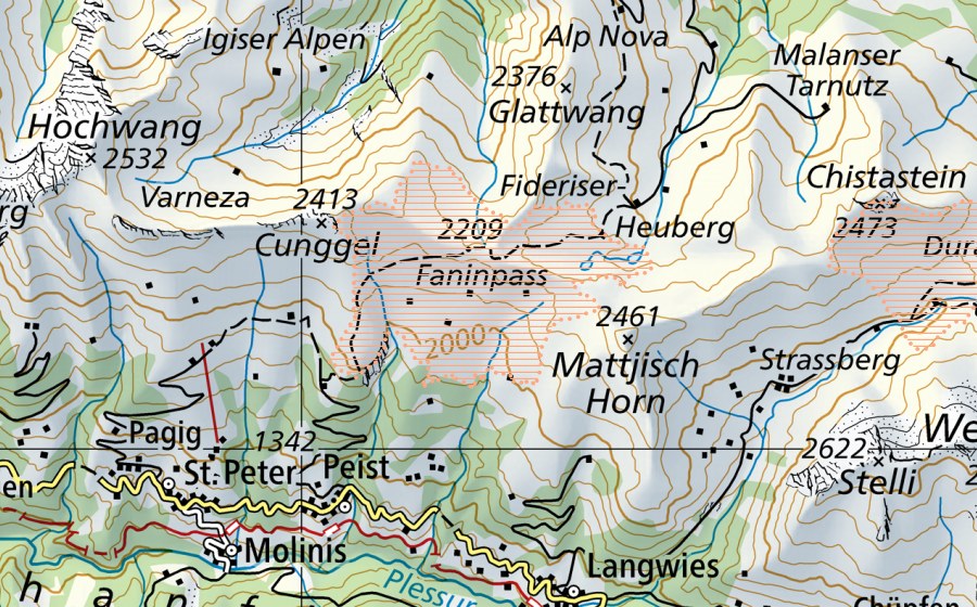 swisstopo national map showing the protected perimeter of Faninpass (Mire landscape)