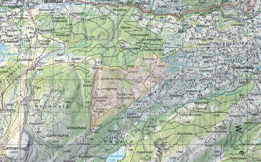swisstopo national map showing the protected perimeter of Gamperfin (Mire landscape)
