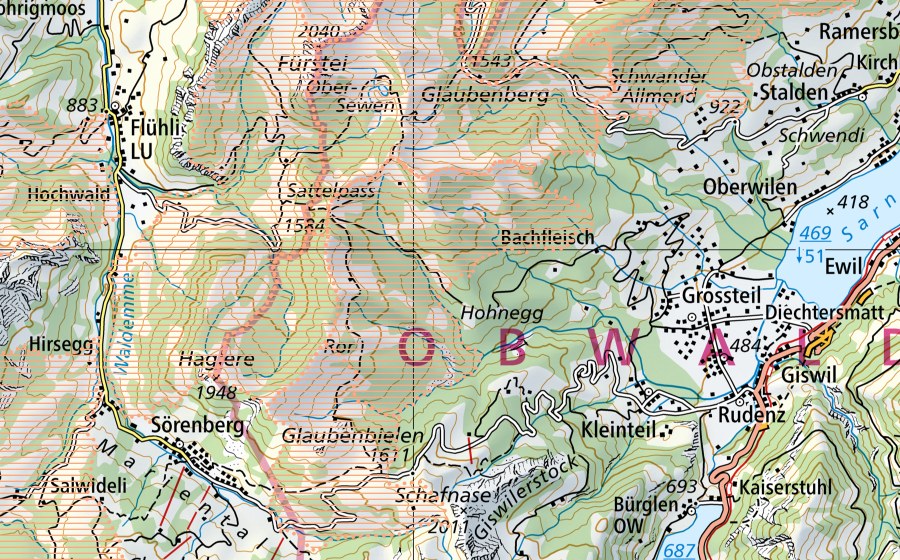 Carte nationale swisstopo avec le périmètre protégé de Glaubenberg (Paysage marécageux)