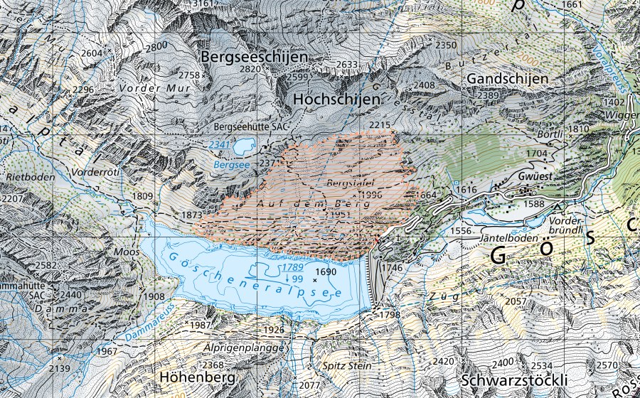 Carta nazionale swisstopo con il perimetro protetto di Göscheneralp (Paesaggio palustre)