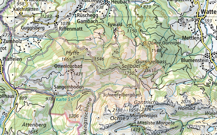 Landeskarte swisstopo mit dem Schutzperimeter von Gurnigel/Gantrisch (Moorlandschaft)