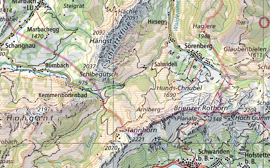 swisstopo national map showing the protected perimeter of Habkern/Sörenberg (Mire landscape)