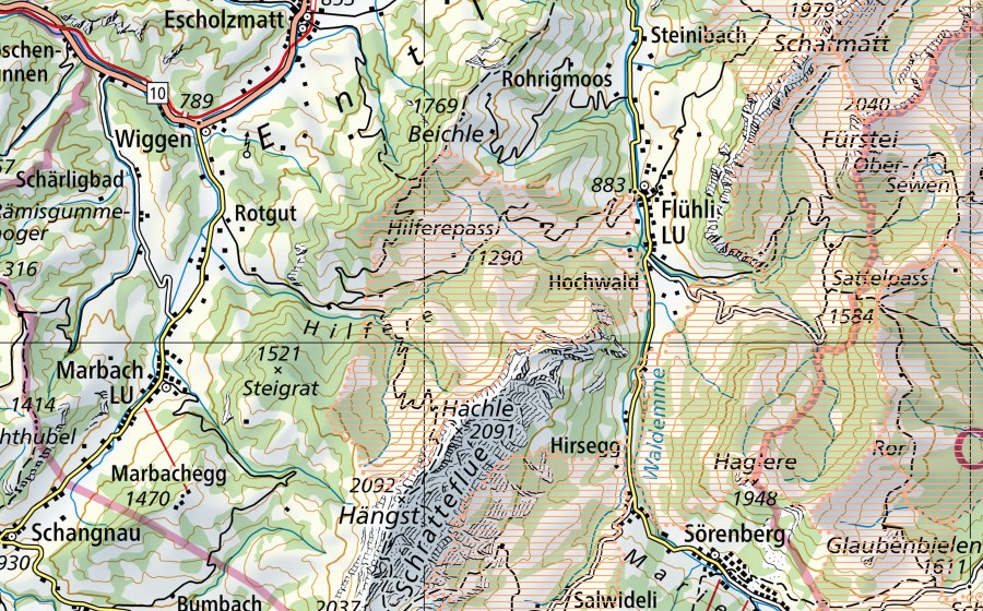 Carte nationale swisstopo avec le périmètre protégé de Hilferenpass (Paysage marécageux)