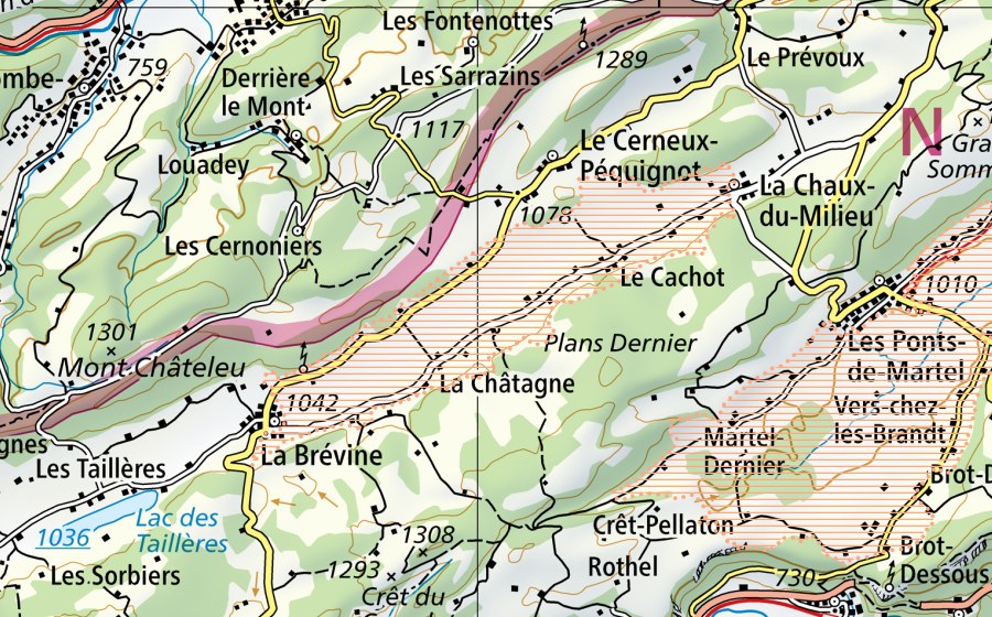 swisstopo national map showing the protected perimeter of La Brévine (Mire landscape)