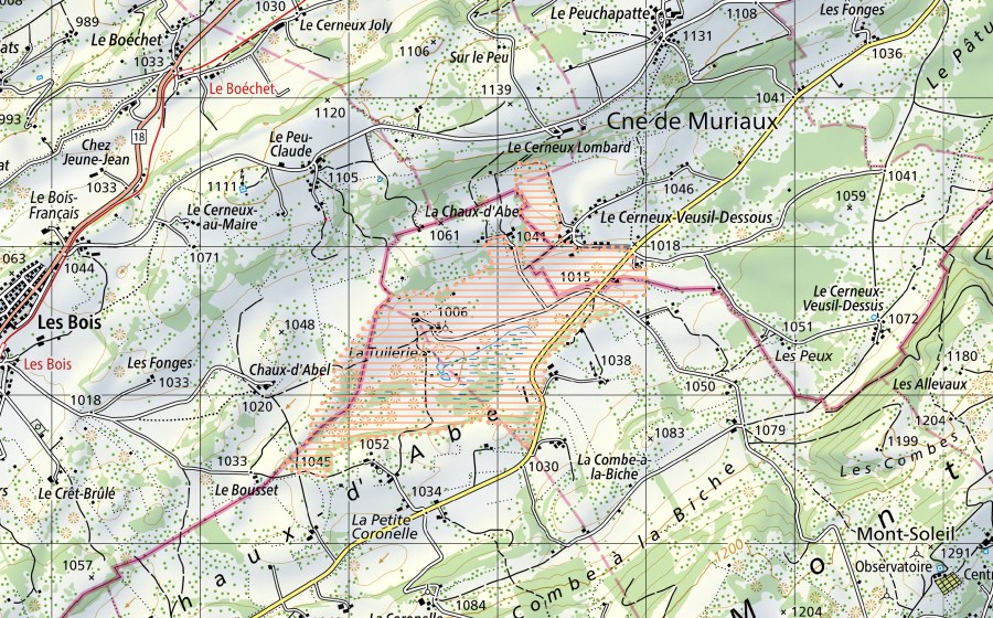 Carte nationale swisstopo avec le périmètre protégé de La Chaux d'Abel (Paysage marécageux)