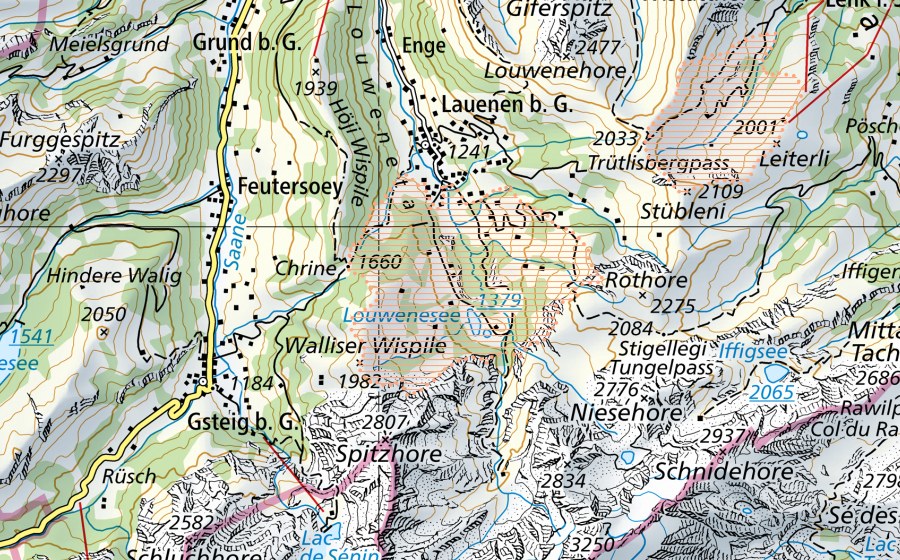 Carte nationale swisstopo avec le périmètre protégé de Lauenensee (Paysage marécageux)