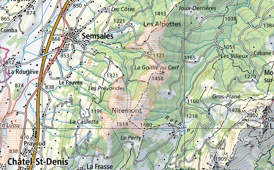 Carte nationale swisstopo avec le périmètre protégé de Le Niremont (Paysage marécageux)