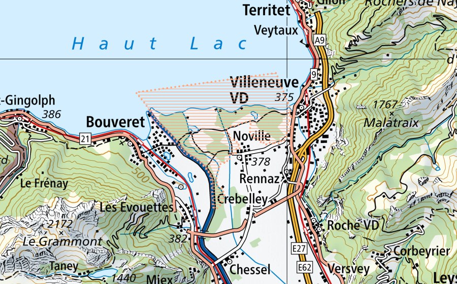 swisstopo national map showing the protected perimeter of Les Grangettes (Mire landscape)