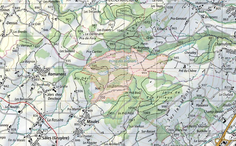 Carta nazionale swisstopo con il perimetro protetto di Les Gurles (Paesaggio palustre)