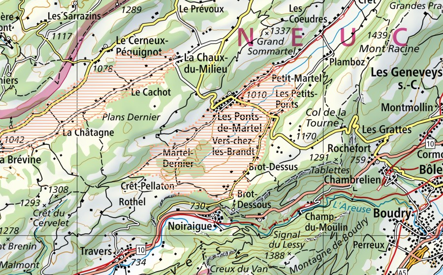 Carte nationale swisstopo avec le périmètre protégé de Les Ponts-de-Martel (Paysage marécageux)