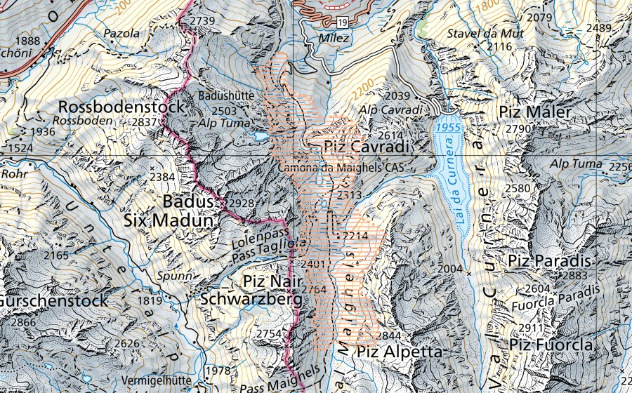 Landeskarte swisstopo mit dem Schutzperimeter von Maighels (Moorlandschaft)