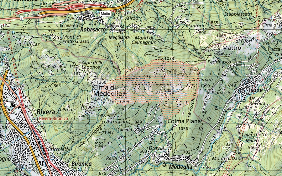 Carta nazionale swisstopo con il perimetro protetto di Monti di Medeglia (Paesaggio palustre)