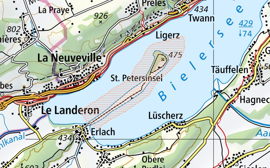 swisstopo national map showing the protected perimeter of Petersinsel (Mire landscape)
