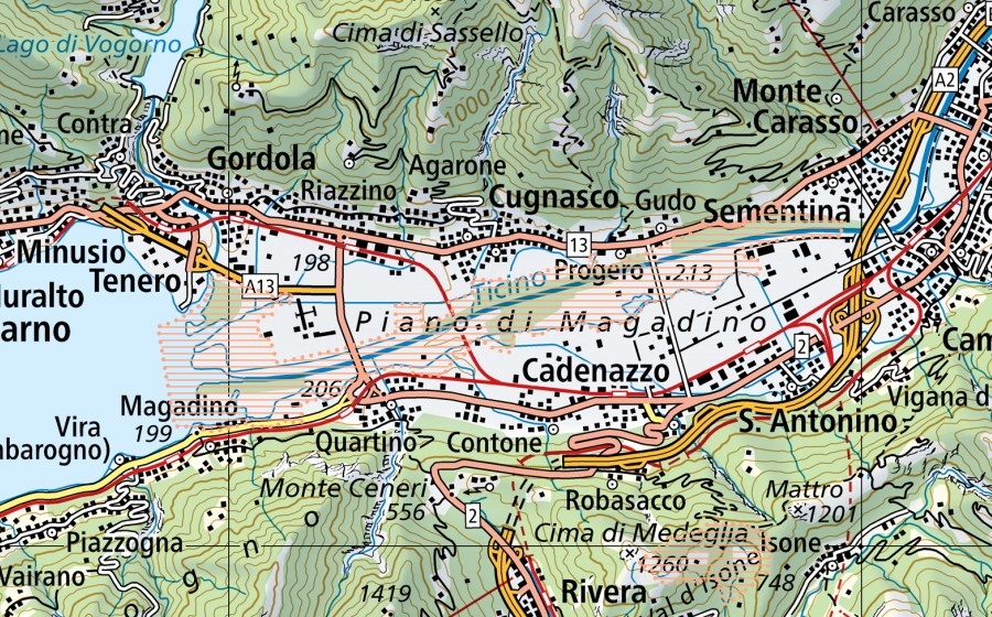 Carte nationale swisstopo avec le périmètre protégé de Piano di Magadino (Paysage marécageux)