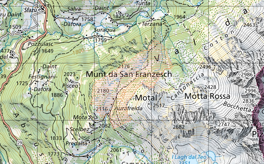 Carte nationale swisstopo avec le périmètre protégé de Plan da San Franzesch (Paysage marécageux)