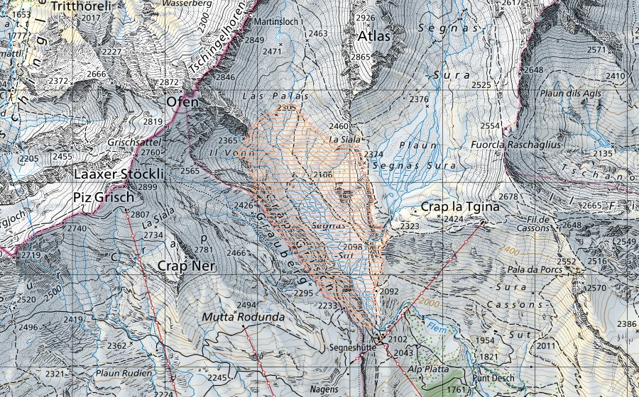 Carta nazionale swisstopo con il perimetro protetto di Plaun Segnas Sut (Paesaggio palustre)
