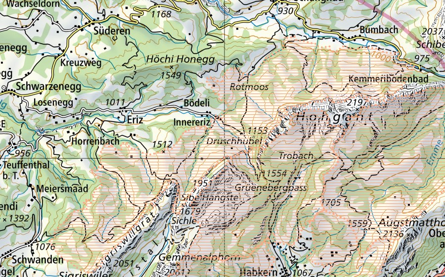 swisstopo national map showing the protected perimeter of Rotmoos/Eriz (Mire landscape)