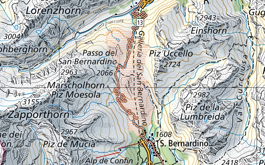 swisstopo national map showing the protected perimeter of San Bernardino (Mire landscape)