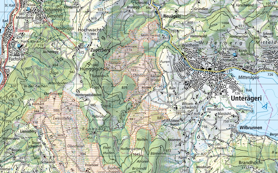 swisstopo national map showing the protected perimeter of Unterägeri (Mire landscape)
