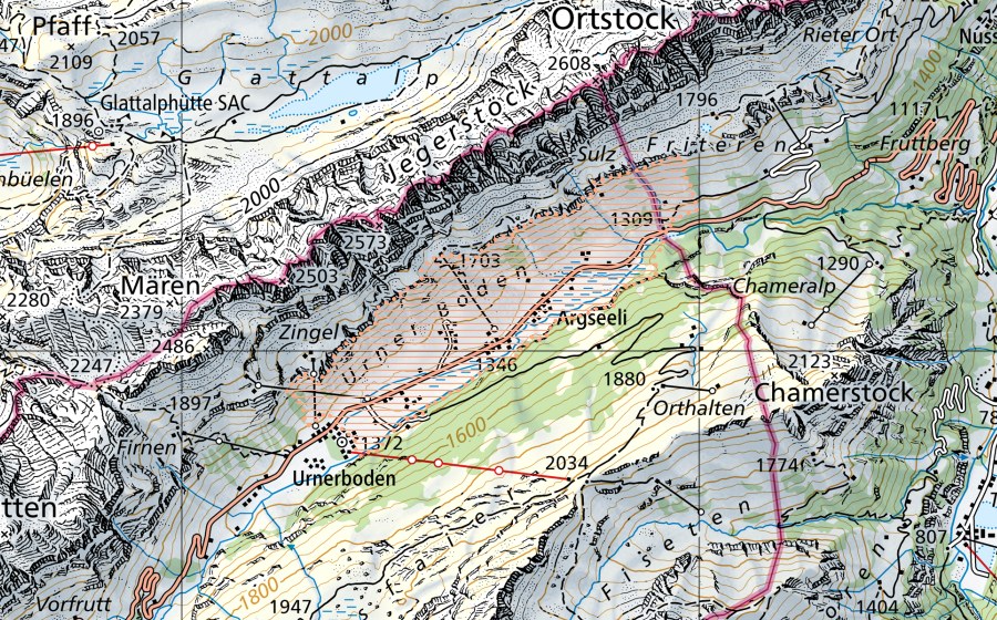 swisstopo national map showing the protected perimeter of Urnerboden (Mire landscape)