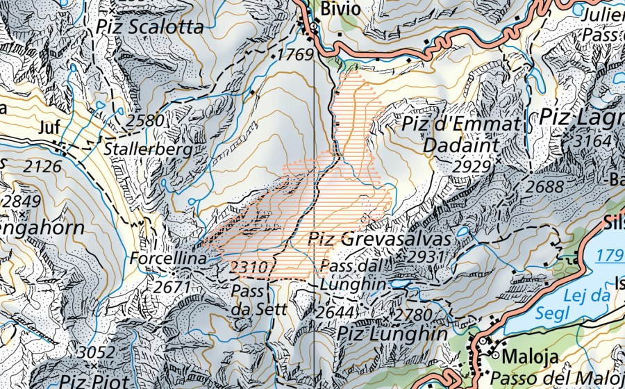 Landeskarte swisstopo mit dem Schutzperimeter von Val da Sett (Moorlandschaft)