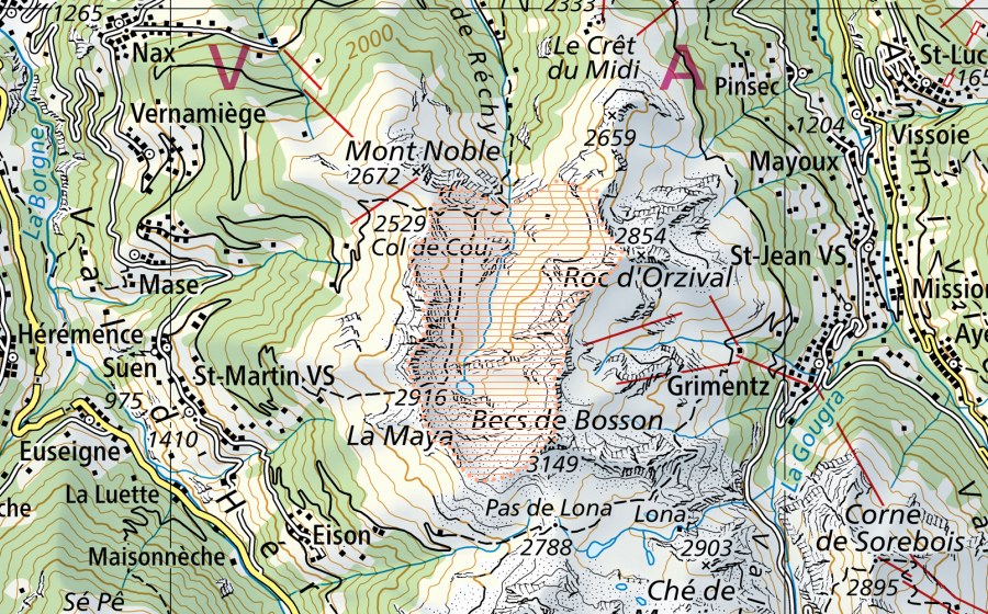 swisstopo national map showing the protected perimeter of Val de Réchy (Mire landscape)