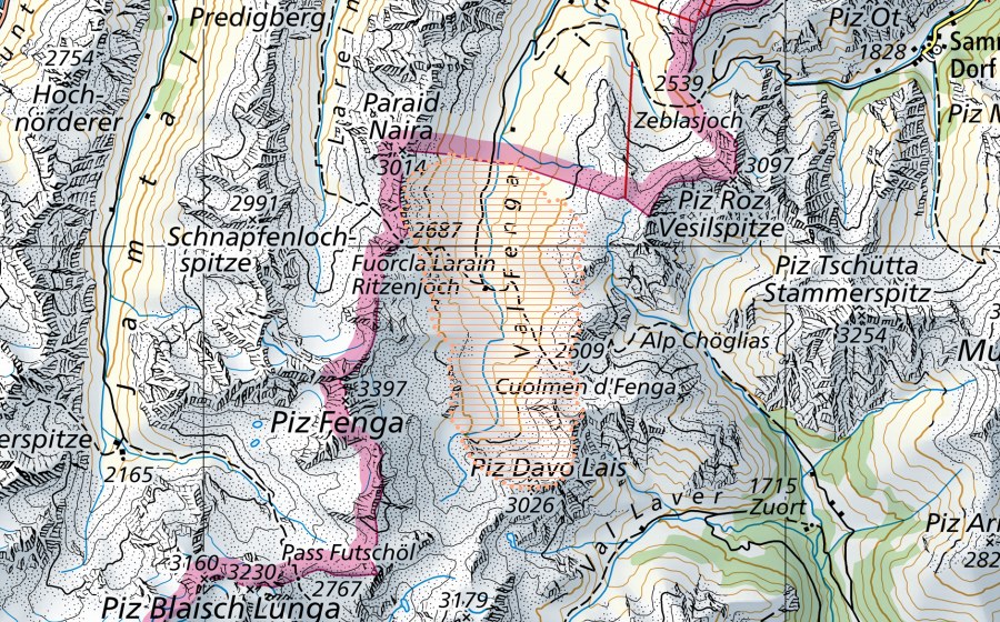 swisstopo national map showing the protected perimeter of Val Fenga (Mire landscape)
