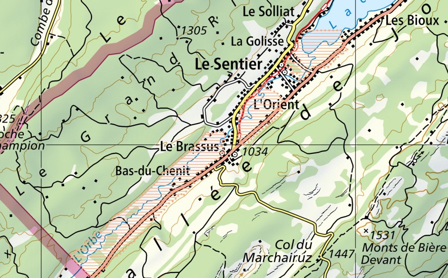 swisstopo national map showing the protected perimeter of Vallée de Joux (Mire landscape)