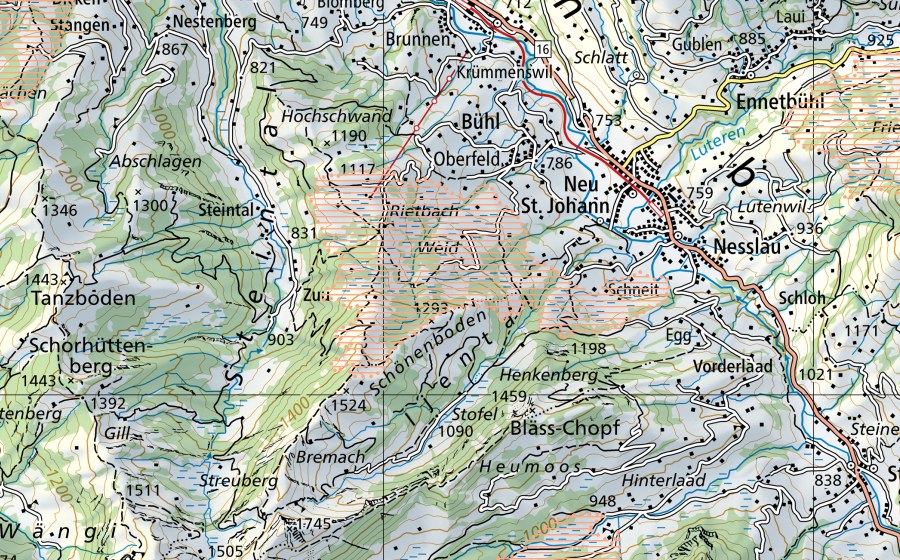 Landeskarte swisstopo mit dem Schutzperimeter von Wolzenalp (Moorlandschaft)