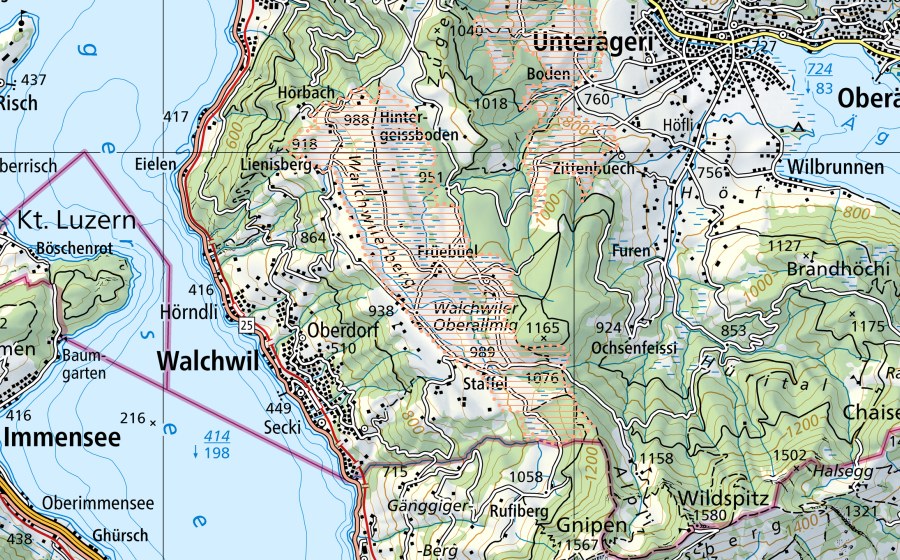 Carte nationale swisstopo avec le périmètre protégé de Zugerberg (Paysage marécageux)
