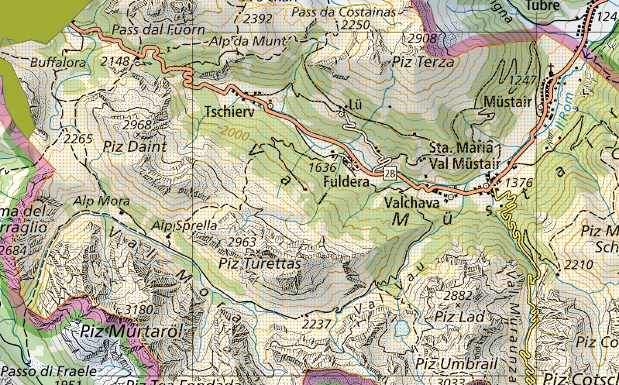 swisstopo national map showing the protected perimeter of Biosfera Val Müstair (Park of national importance)