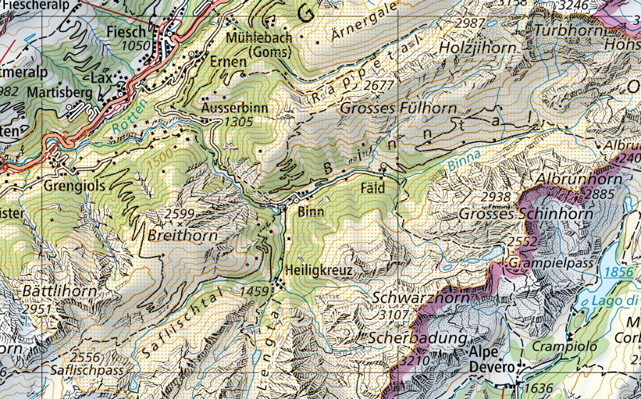 Carte nationale swisstopo avec le périmètre protégé de Landschaftspark Binntal (Parc d’importance nationale)
