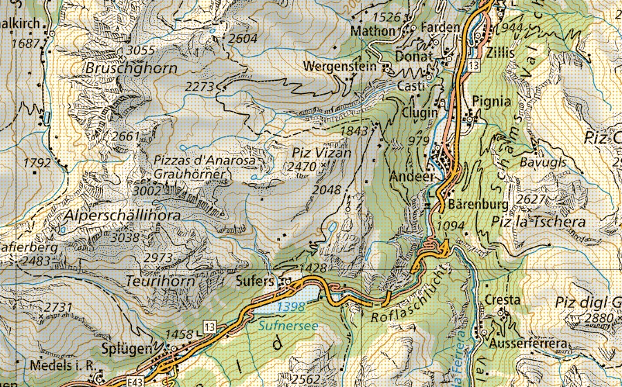 Carta nazionale swisstopo con il perimetro protetto di Naturpark Beverin (Parco d’importanza nazionale)