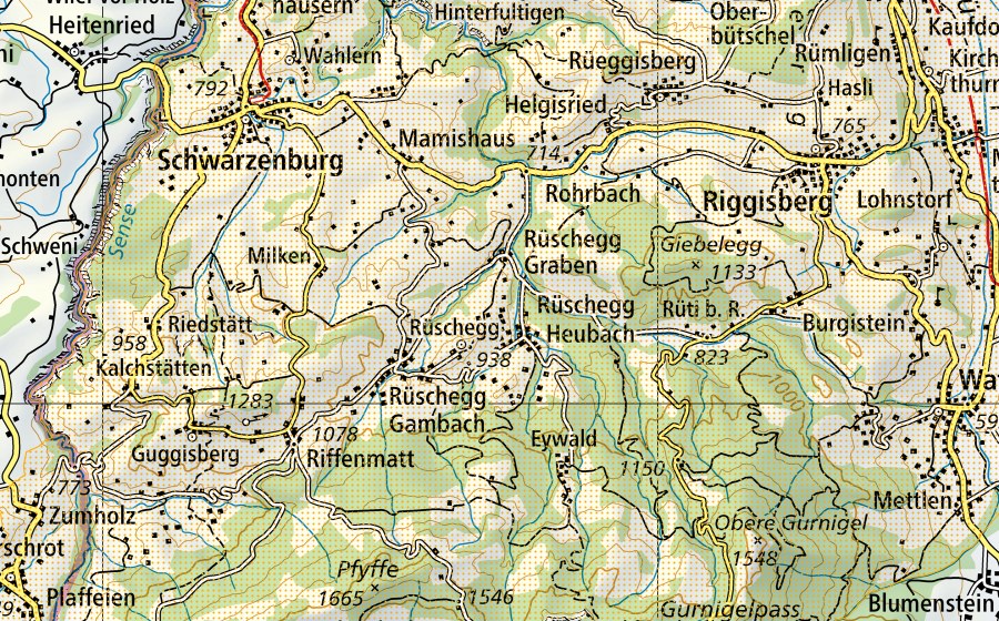 swisstopo national map showing the protected perimeter of Naturpark Gantrisch (Park of national importance)
