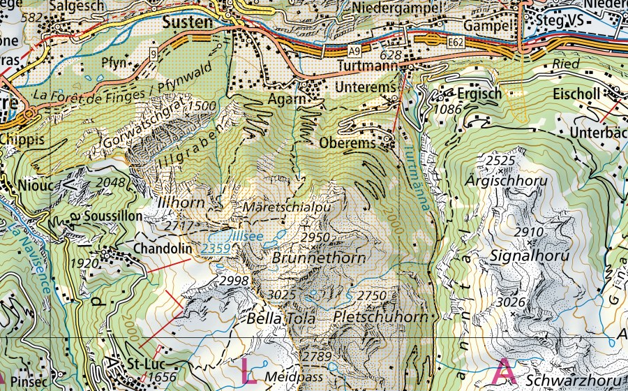 Landeskarte swisstopo mit dem Schutzperimeter von Naturpark Pfyn-Finges (Park von nationaler Bedeutung)
