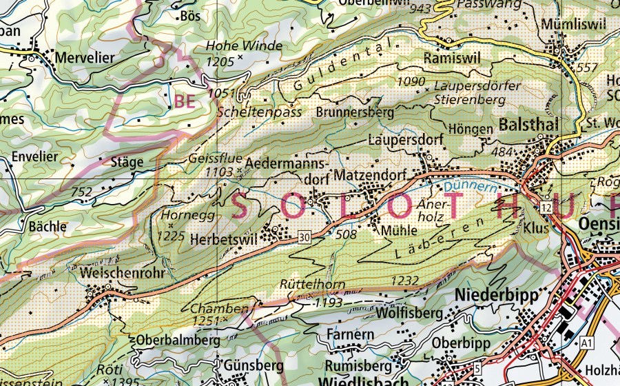 Carta nazionale swisstopo con il perimetro protetto di Naturpark Thal (Parco d’importanza nazionale)