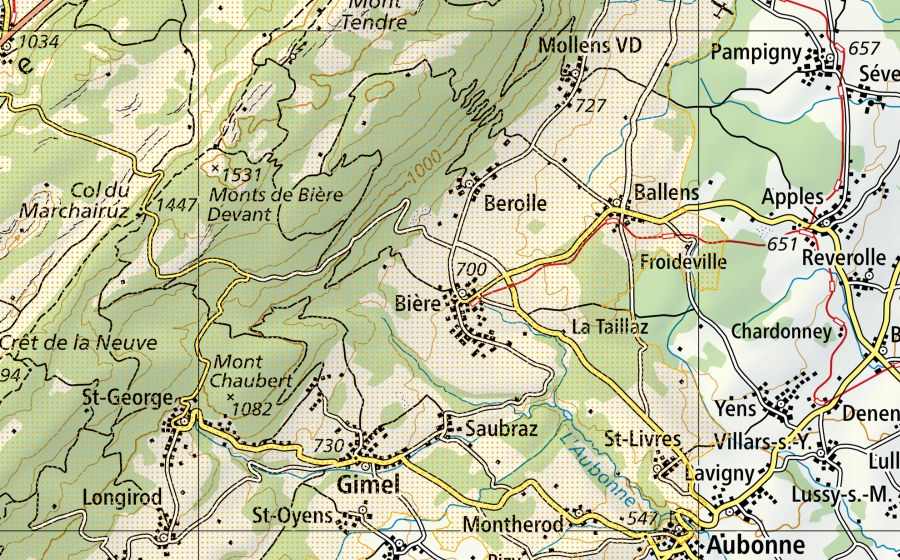 Carte nationale swisstopo avec le périmètre protégé de Parc Jura vaudois (Parc d’importance nationale)