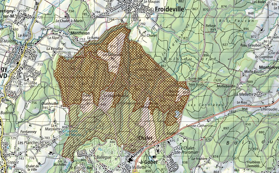 Carta nazionale swisstopo con il perimetro protetto di Parc naturel périurbain du Jorat (Parco d’importanza nazionale)