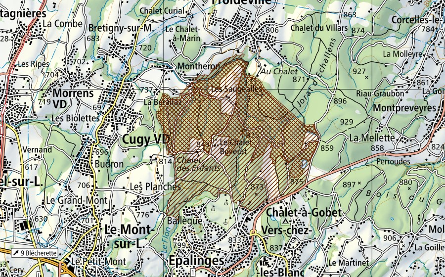 Carta nazionale swisstopo con il perimetro protetto di Parc naturel périurbain du Jorat (Parco d’importanza nazionale)