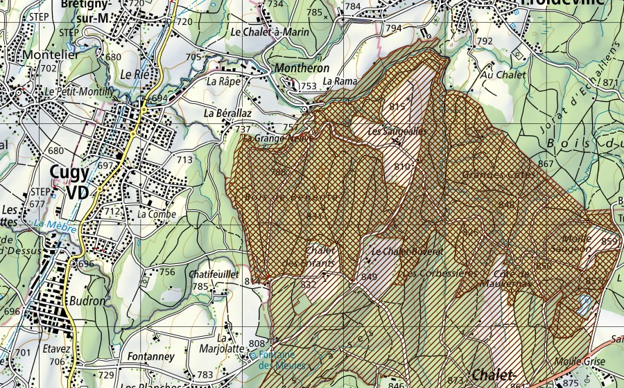 Carte nationale swisstopo avec le périmètre protégé de Parc naturel périurbain du Jorat (Parc d’importance nationale)